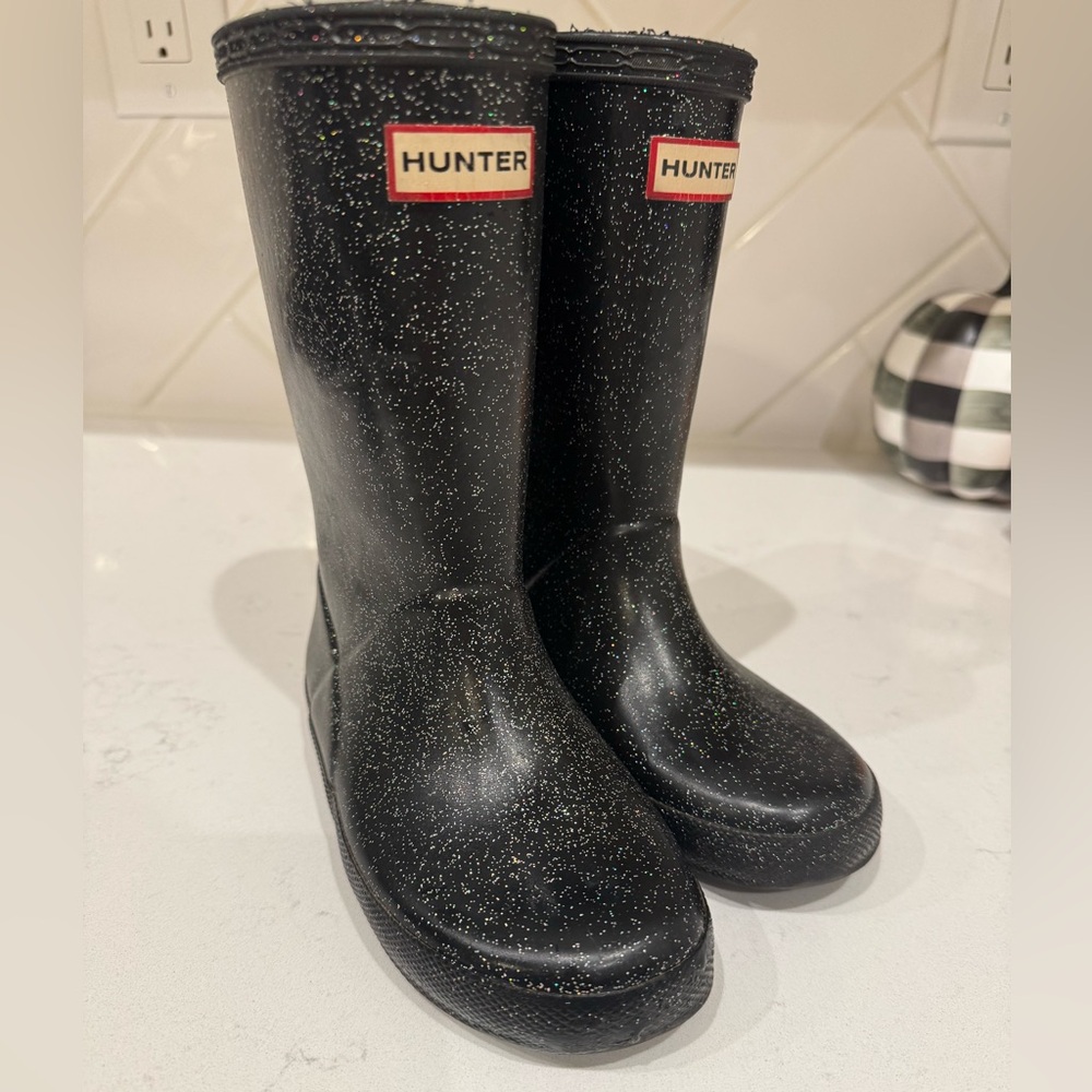 Hunter Black Sparkle Rain Boots Girls 12